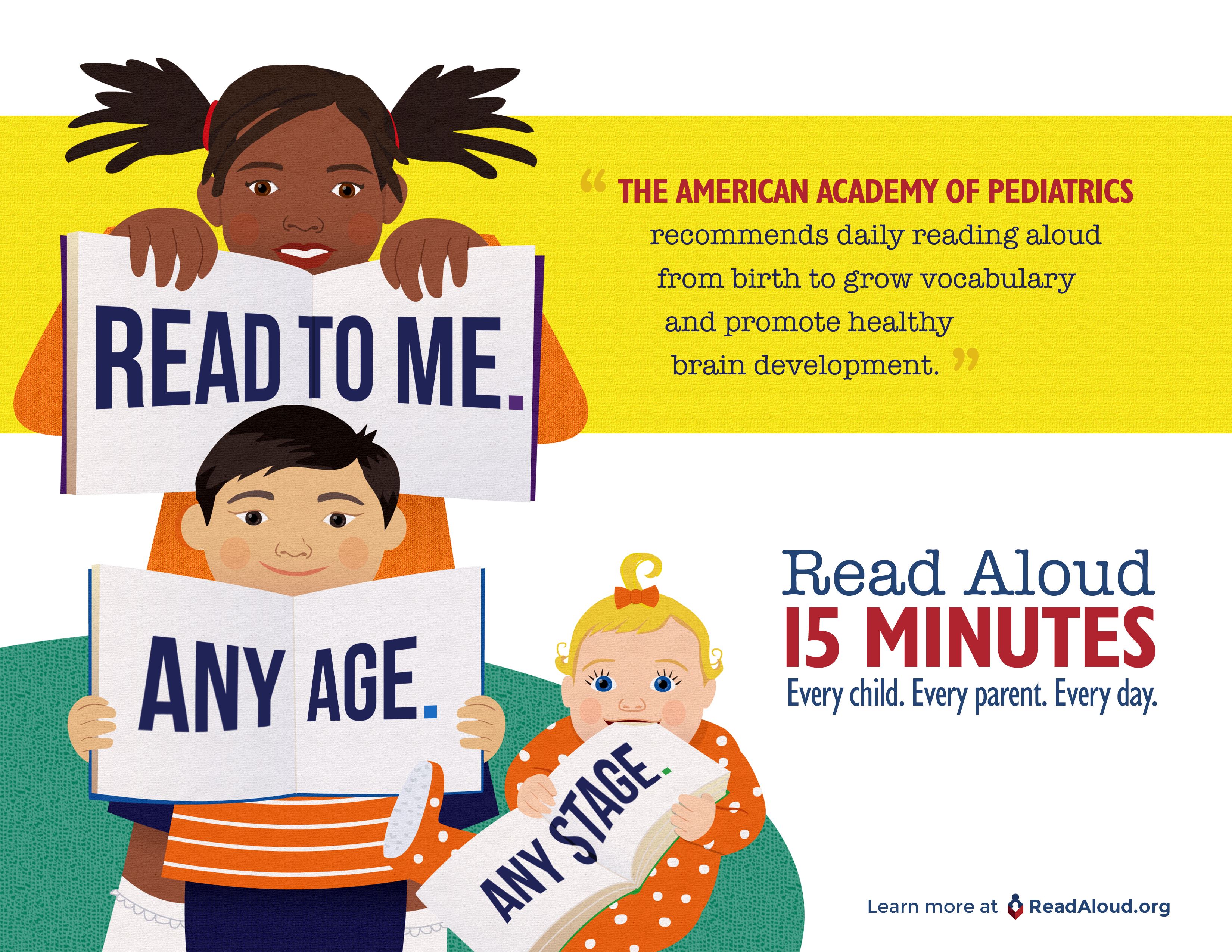 Encouragement to read aloud to your child for 15 minutes a day to promote brain and vocabulary development.