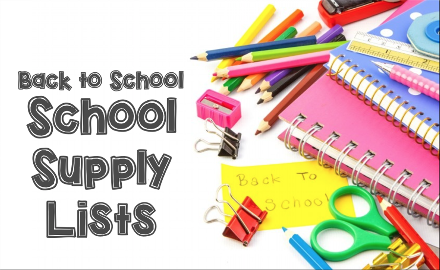 Assorted school supplies and words that read School Supply List
