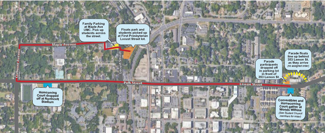 Homecoming Parade Route: Lemon St to Northcutt Stadium, Right on Cleburne, right on Maple, ends at First Pres Locust lot