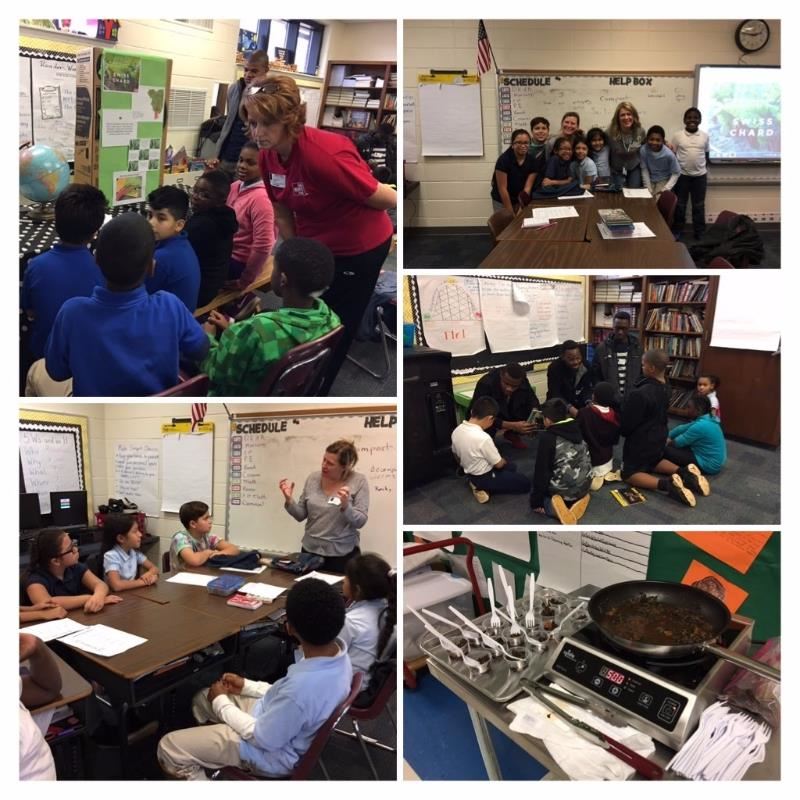 Collage of Sawyer Road students in a classroom hearing from a Farm Bureau representative about growi