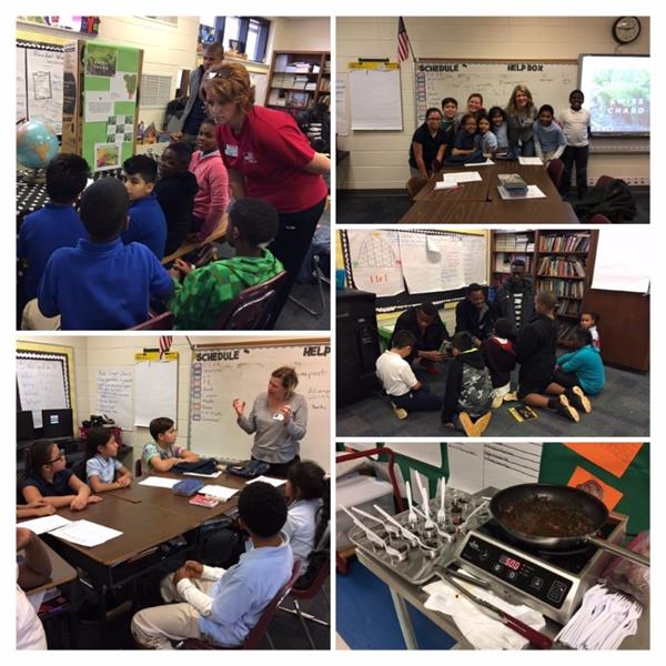 Collage of various school nutrition educational experiences in elementary classrooms